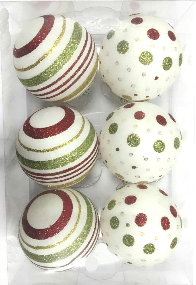 6-Pack White Ball Ornament With Gold, Red And Green Dot And Line Design