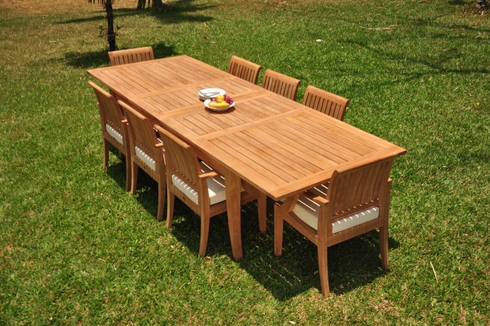 9-Piece Outdoor Teak Dining Set 122" X-Large Rectangle Table, 8 Lagos Arm Chairs