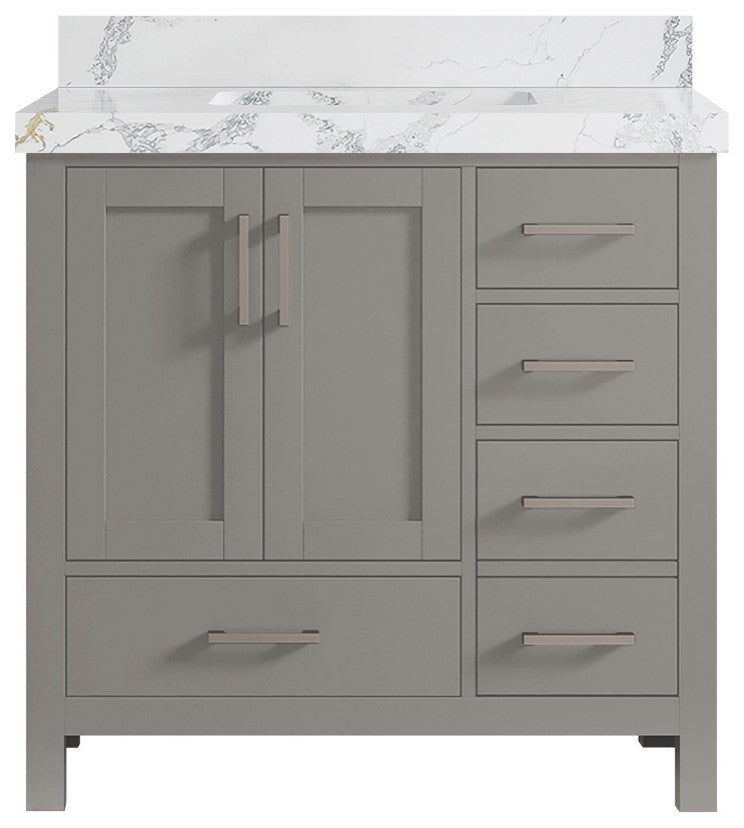 Malibu 36 Center Sink Bath Vanity in Elephant Skin Gray 2" Calacatta Poanazzo