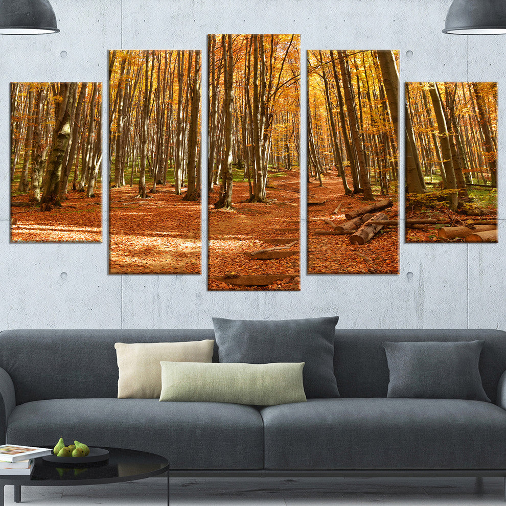 Colorful Fall Forest with Fallen Leaves, Forest Canvas Art, 60"x32", 5 Panels