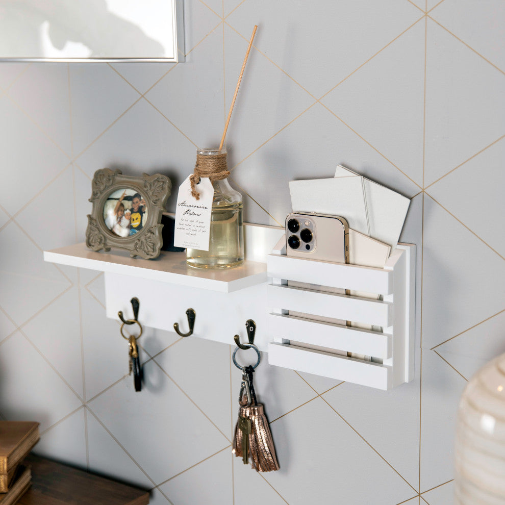 Danya B. Utility Shelf With Pocket and Hanging Hooks, White