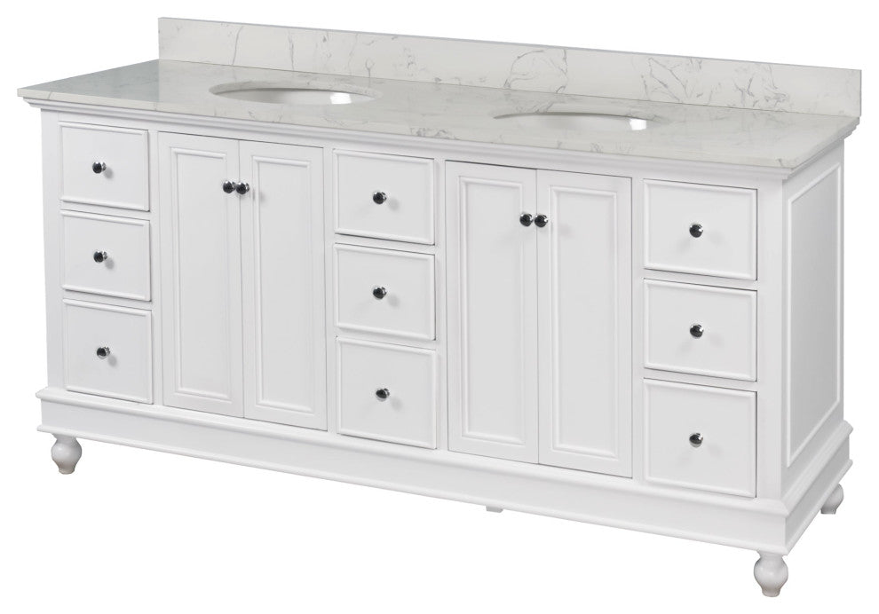 Bella 72" Double Bathroom Vanity, White, Engineered Marble
