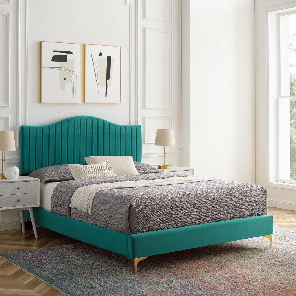 Tufted Platform Bed Frame, King Size, Velvet, Teal Blue, Modern Contemporary