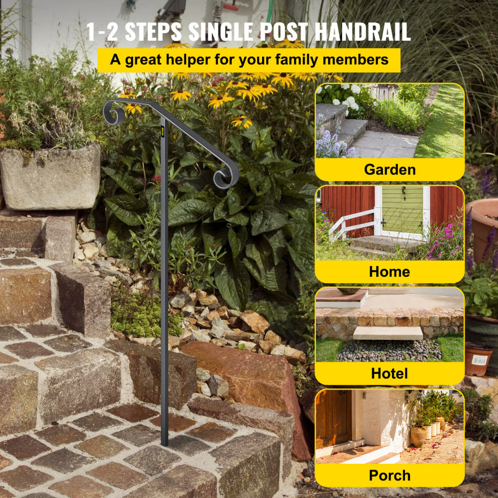 Handrails for 1 - 2 Steps Outdoor Stair Railing Single Post Iron Handrail, Gray