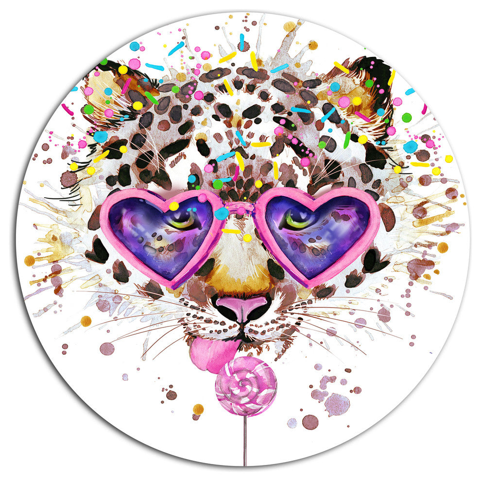 Funny Leopard With Heart Glasses, Animal Round Wall Art, 23"