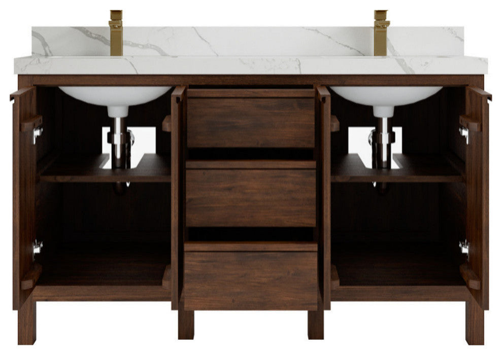 Elizabeth 60 Double Bathroom Vanity in Dark Walnut Teak 2" Calacatta Laza