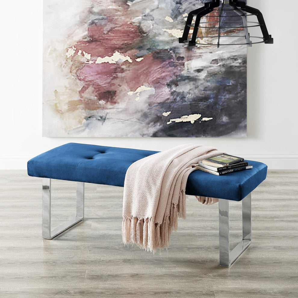 Dolores Velvet Button Tufted Square Leg Bench, Navy With Chrome Base