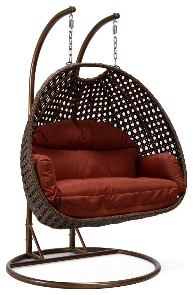 LeisureMod Mendoza Dark Brown Wicker Hanging Double Egg Swing Chair, Cherry