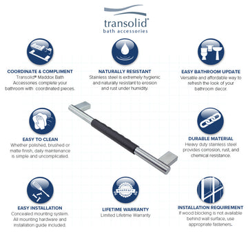 Transolid Maddox 12-inch Grab Bar with Black Rubber Handle, Brushed Stainless