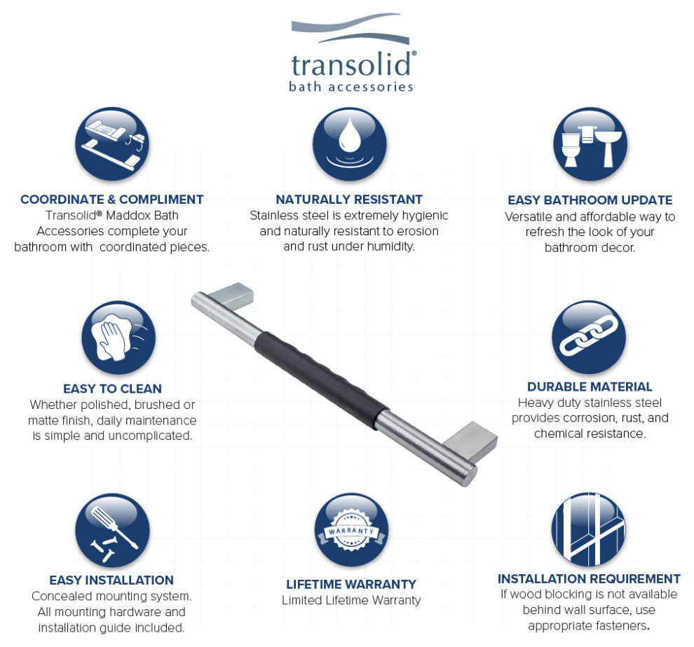 Transolid Maddox 12-inch Grab Bar with Black Rubber Handle, Brushed Stainless