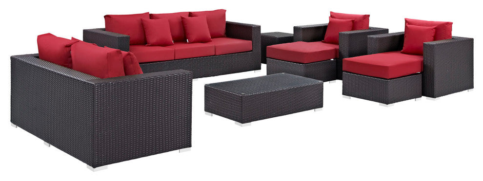 Modway Convene 9 Piece Outdoor Patio Sofa Set, Espresso Red