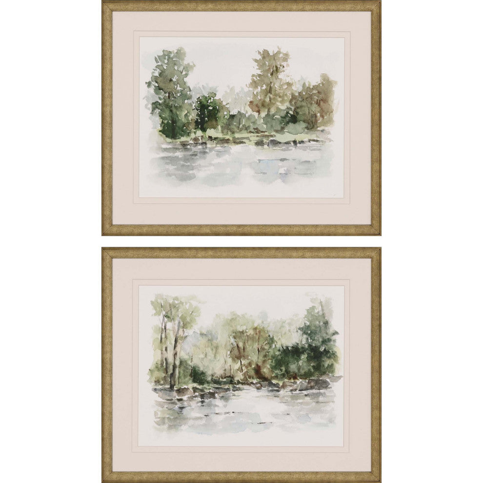 Set Of Two Wooded Stream Framed Art Gold Picture Frame Print Wall Art