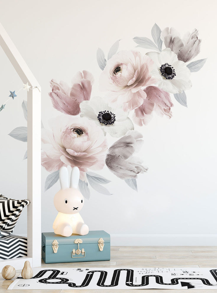 Floral Vinyl Wall Sticker, Romantic Pink Gray