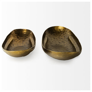 Set of Two Gold Boat Shaped Hammered Bowls
