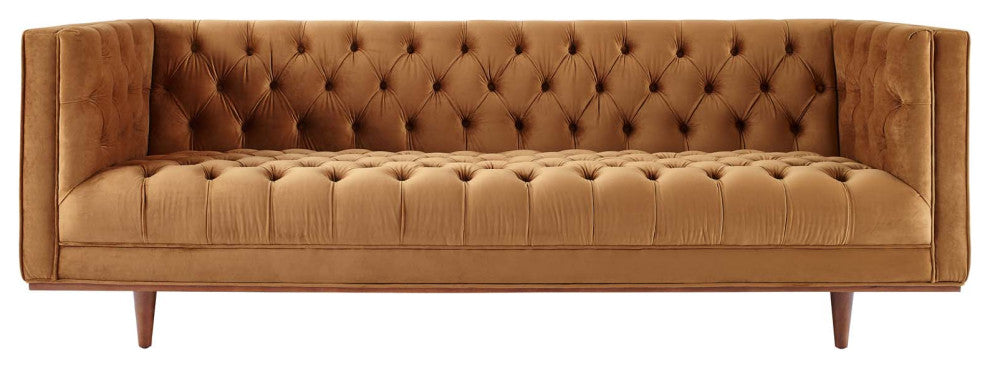 Tufted Sofa, Velvet, Brown, Modern, Living Lounge Room Hotel Lobby Hospitality
