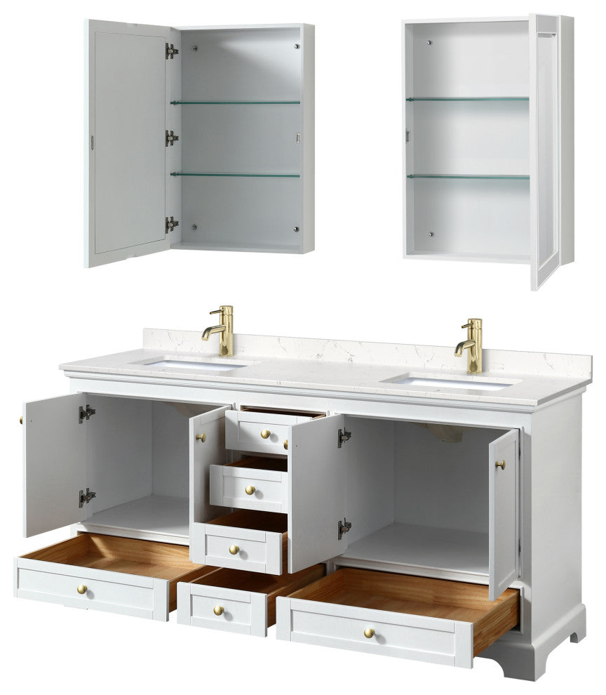 72"DBL Vanity White, Carrara Cult. Marble Top, Sinks, Gold Trim, Med. Cabinets