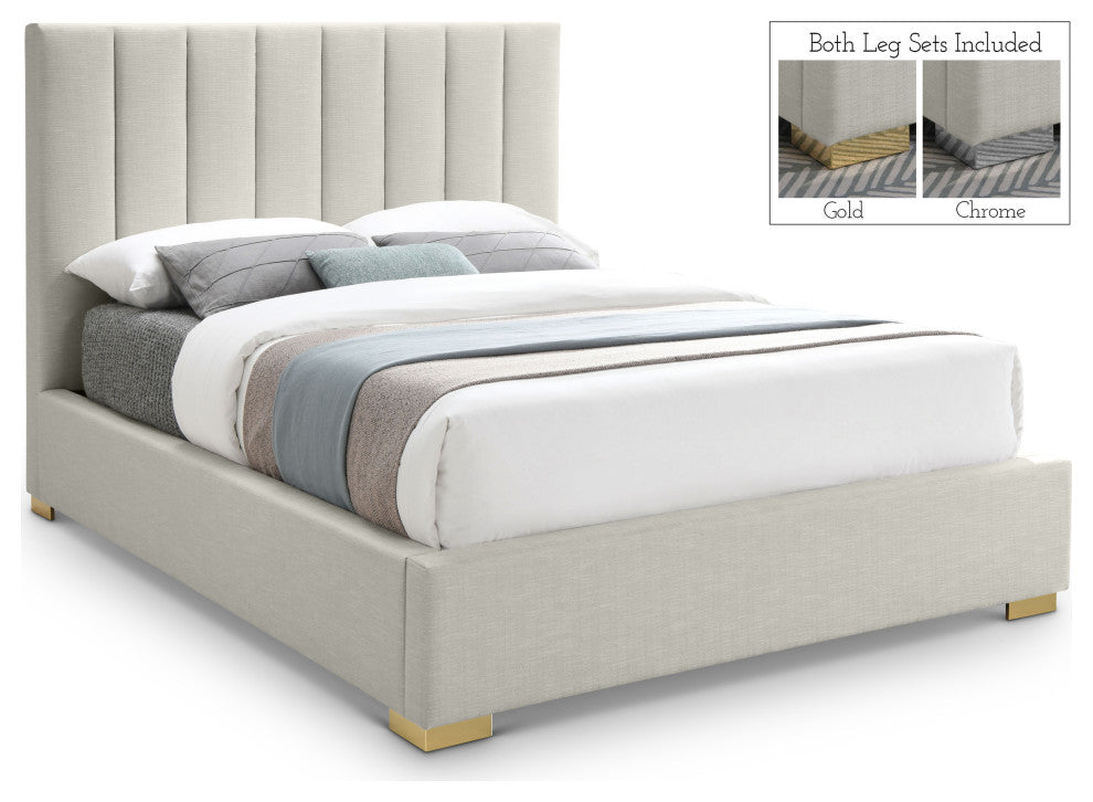 Pierce Linen Textured Fabric Upholstered Bed, Beige, Queen