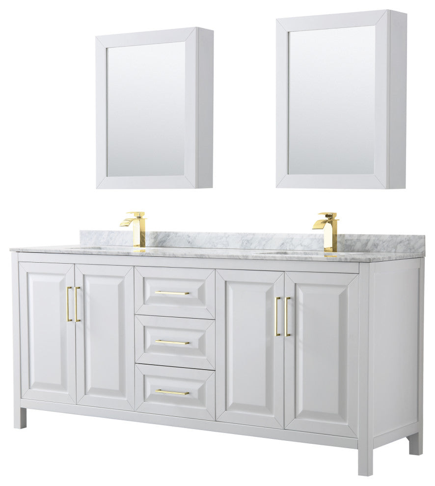 80"DBL Bathroom Vanity White, Carrara Countertop, Sinks, Med.Cabinets, Gold Trim