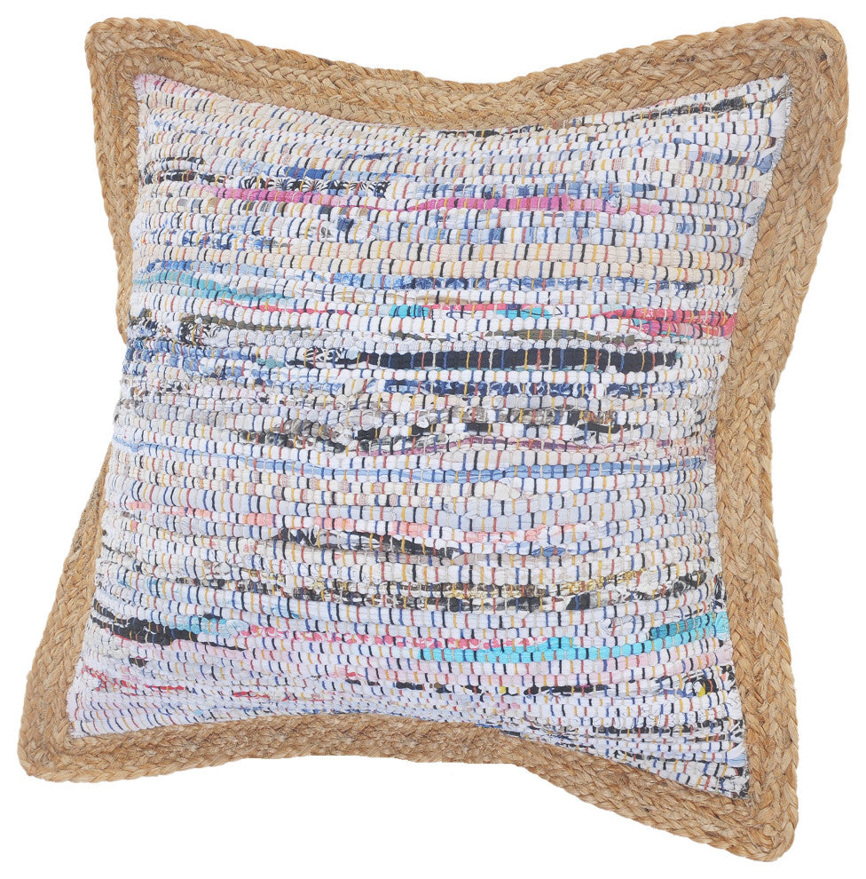 White Multicolored Chindi Jute Bordered Throw Pillow