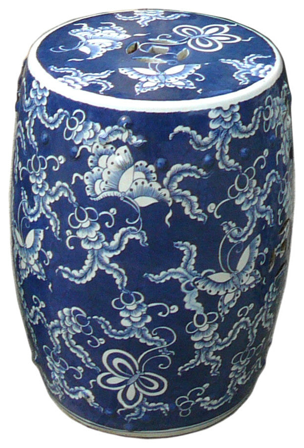 Chinese Blue and White Porcelain Round Butterflies Stool