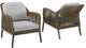 Set of 2 Patio Lounge Chairs with Light Brown Rope and Gray Cushions