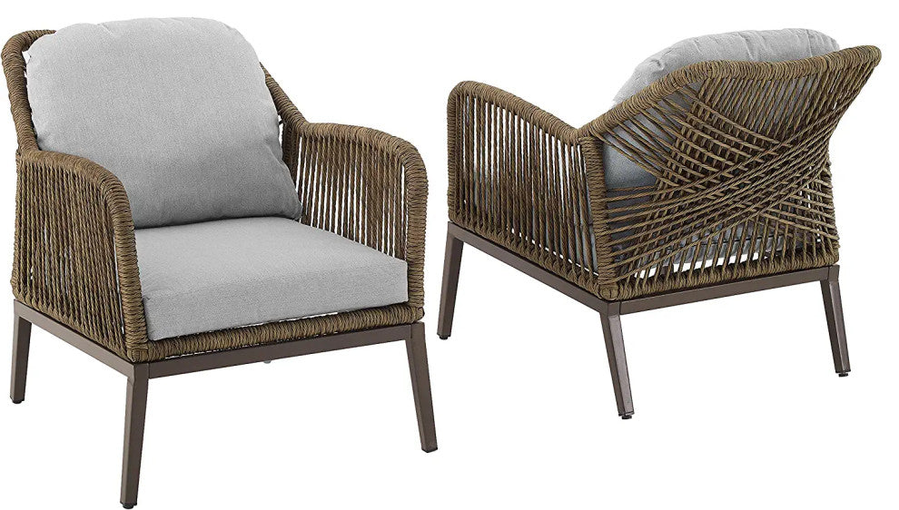 Set of 2 Patio Lounge Chairs with Light Brown Rope and Gray Cushions