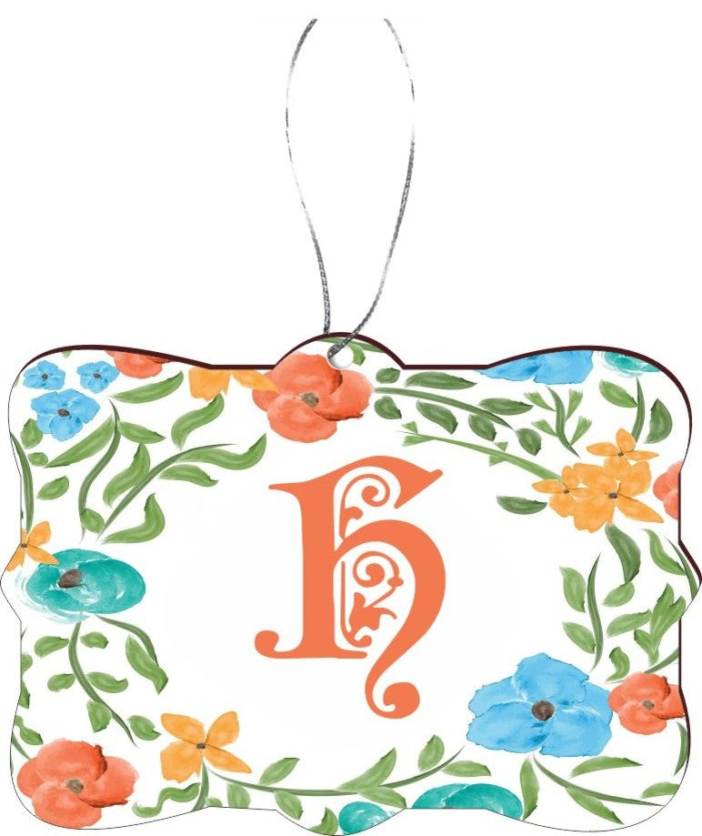 Letter H Monogram Floral Peachy Blue Rectangle Design Christmas Tree Ornament