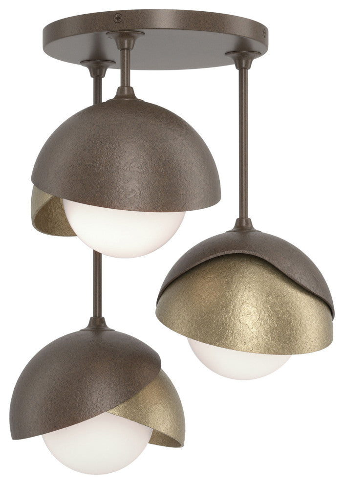 Brooklyn 3-Light Double Shade Semi-Flush, Bronze, Soft Gold, Opal Glass