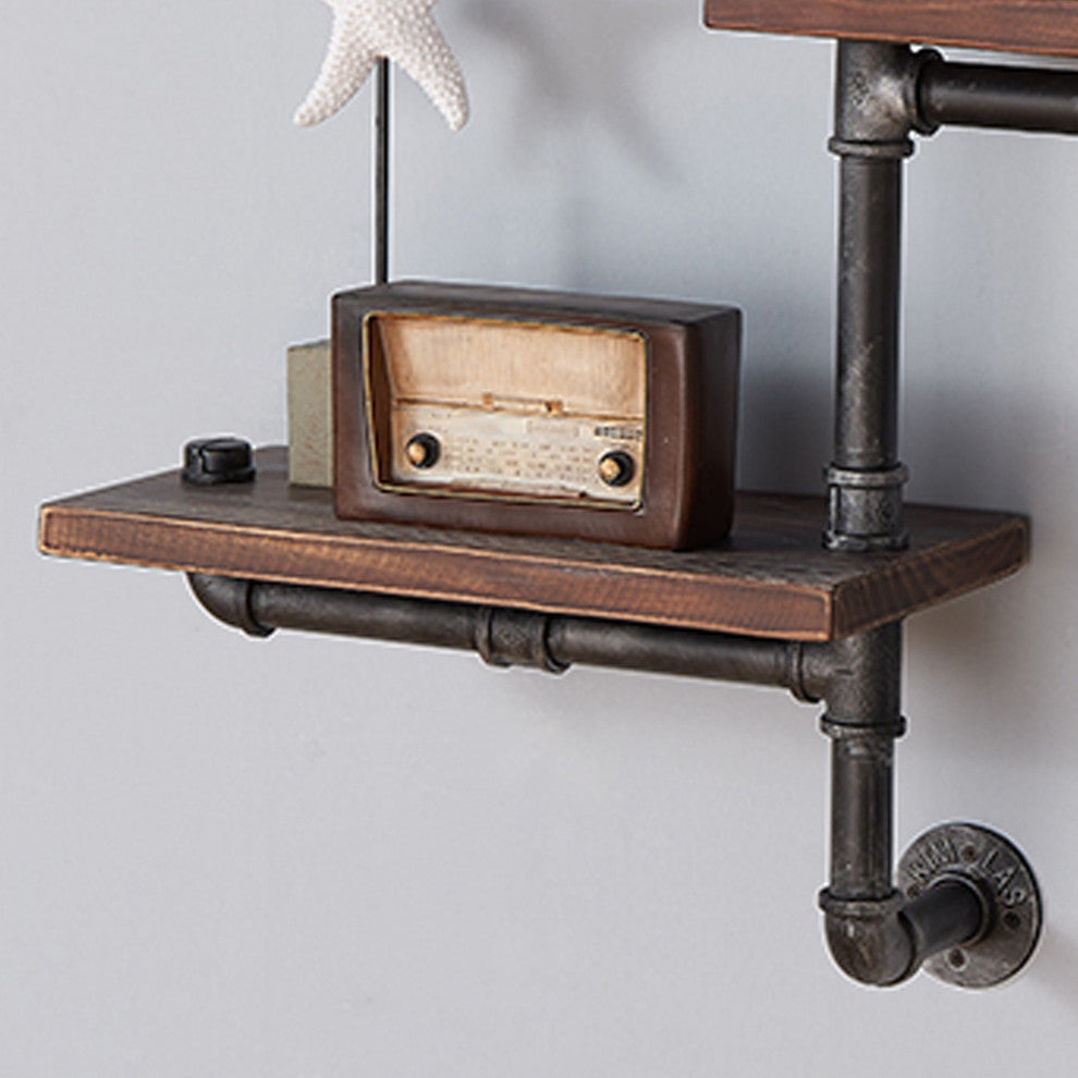 Orton Industrial Wood Floating Wall Shelf, Silver and Walnut, Bar Height