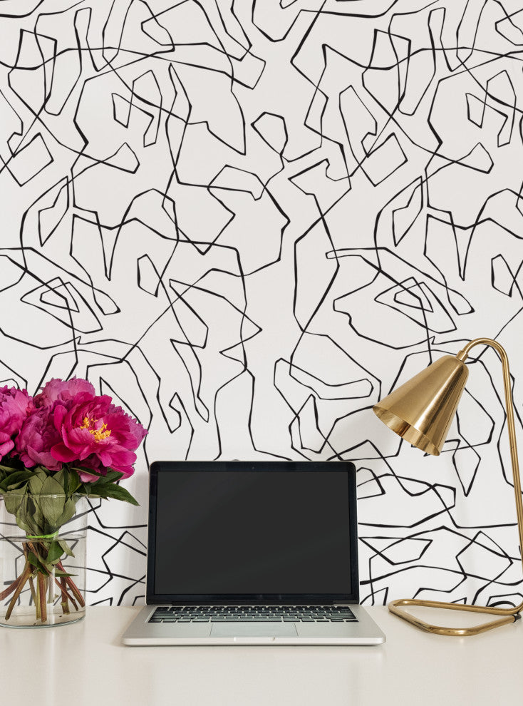 Entangled Lines Abstract Peel and Stick Vinyl Wallpaper, Black, 24"x108"