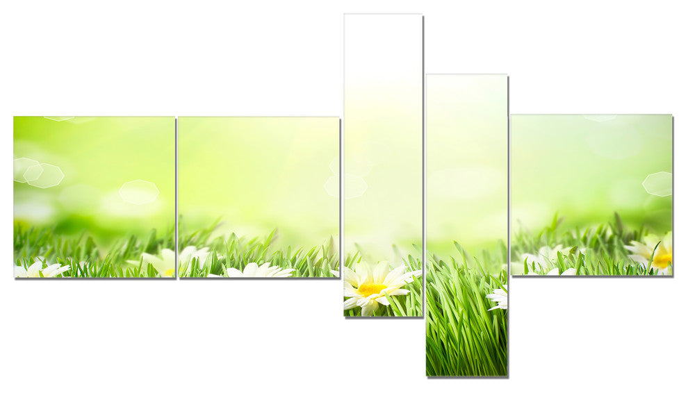 Spring Meadow with Daisies, Abstract Canvas Wall Art, 60"x32", 5 panels