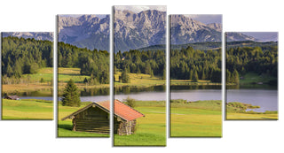 Bavaria with Mountains and Lake, Landscape Canvas Art Print, 60"x32", 5 Panels