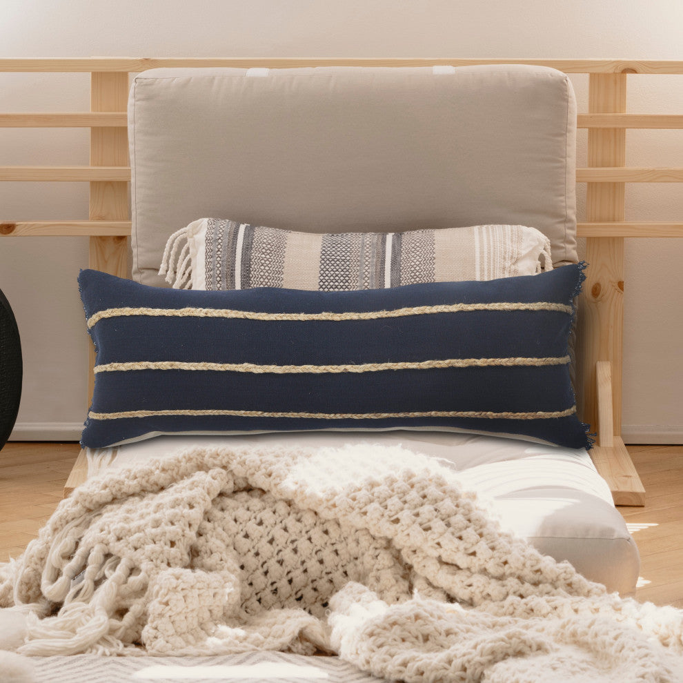 Ox Bay Navy/Tan Stripe Cotton Blend Pillow Cover, 14"x36"
