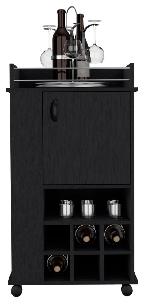 DEPOT E-SHOP Fraser Bar Cart with 6 Built-in Wine Rack and Casters, Black