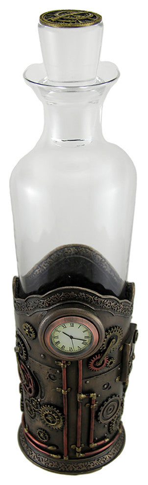 Time for Spirits Glass Spirit Decanter in Steampunk Basket with Clock