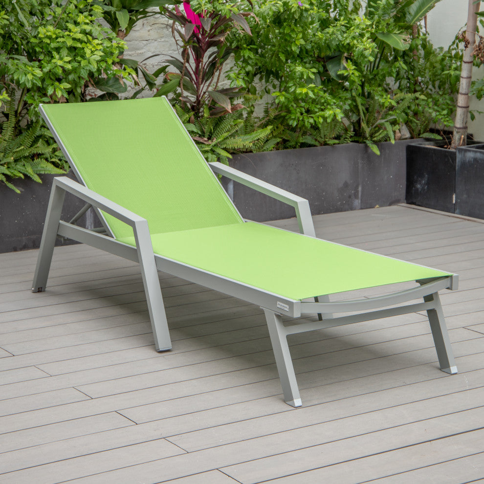 LeisureMod Marlin Patio Chaise Lounge Chair With Arms Gray Frame, Green
