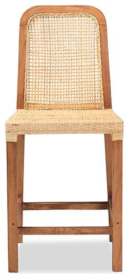 Caspia Modern Walnut Brown Finished Wood and Natural Rattan Counter Stool