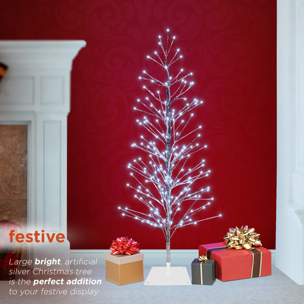 60"H Indoor/Outdoor Artificial Christmas Tree with Cool White LED Lights, Silver