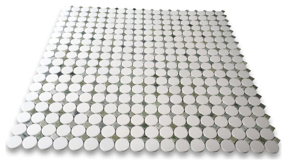 Thassos White Marble Round Mosaic Tile Sagano Vibrant Green Dots, 1 sheet