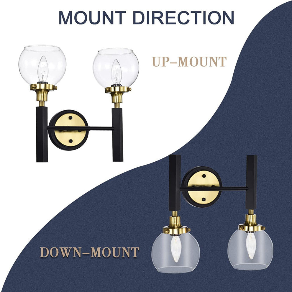 2 Light Black Wall Lights for Bedroom Industrial Wall Sconce Lighting GlassShade