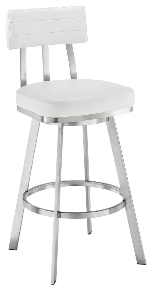 Jinab Swivel Bar Stool, Brushed Stainless Steel With Faux Leather, White