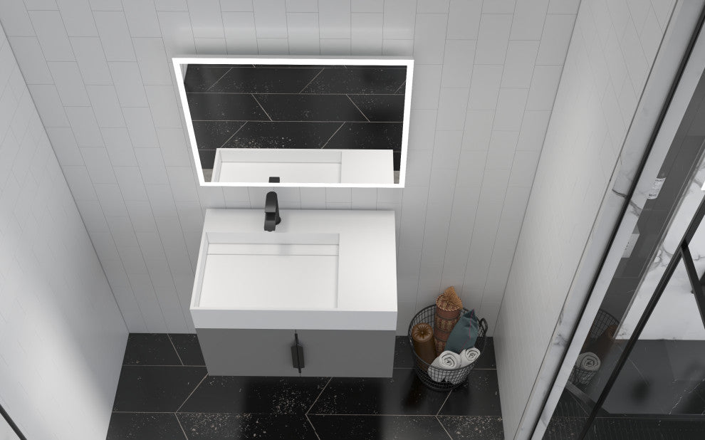CastelloUSA Amazon 30" Left Wall Mounted Bathroom Vanity Set, Gray, White Top, Black Handles