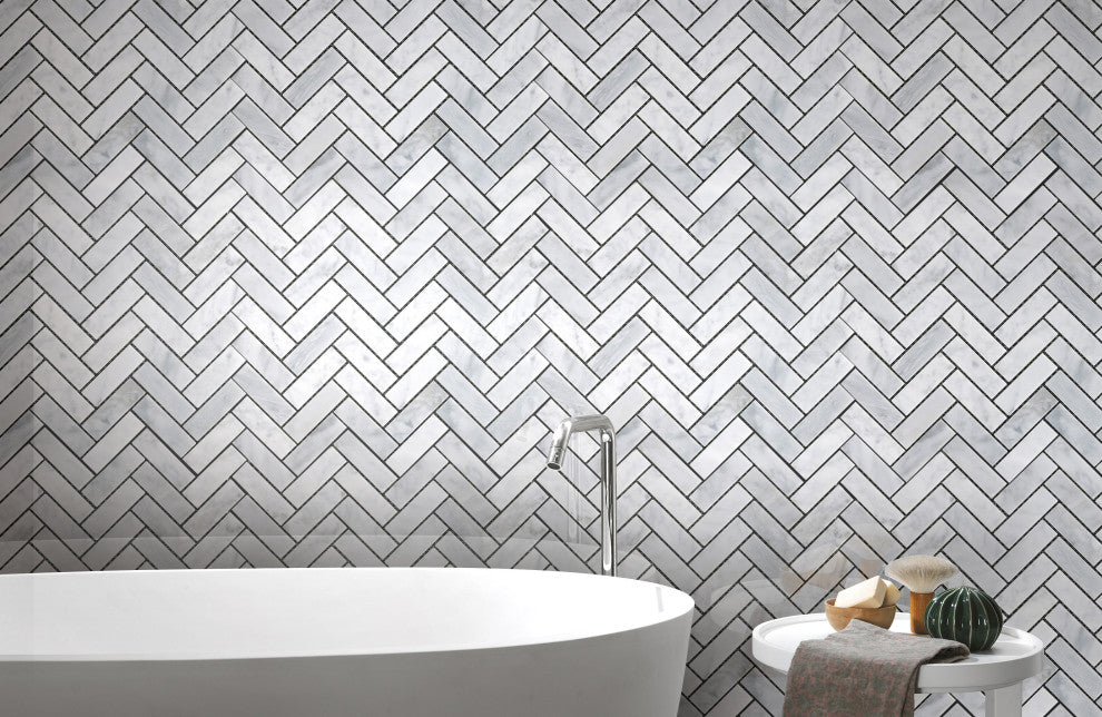 Carrara White 11.2"Ã—12.6" Herringbone Polished Marble Mosaic Tile, 1 Box