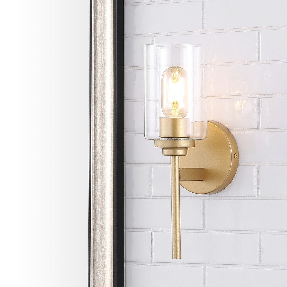 Juno 13" 1-Light Farmhouse Industrial Iron Cylinder LED Vanity, Brass Gold/Clear