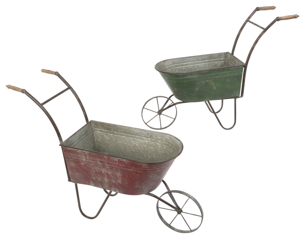 Set of 2, Assorted Metal Antique Wheelbarrows
