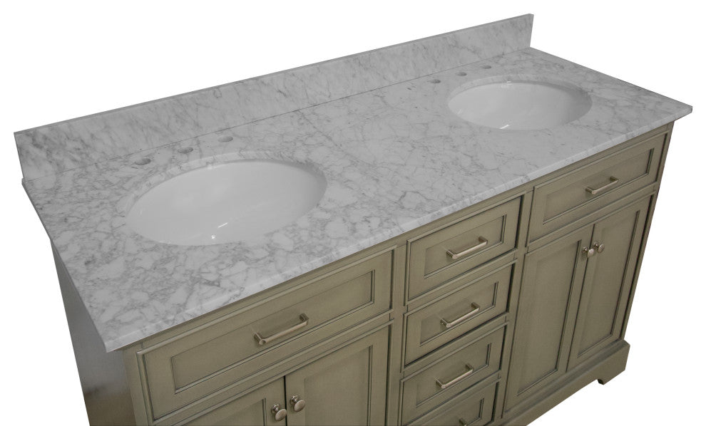 Aria 60" Bathroom Vanity, Weathered Gray, Carrara Marble, Double Vanity