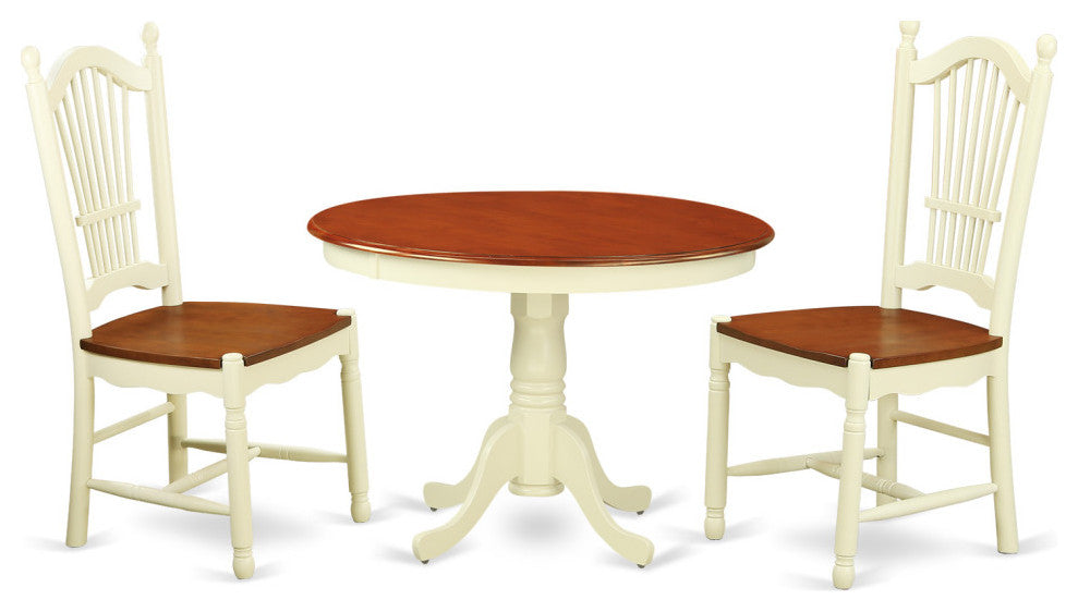 3 Pc Set, Round Small Table, 2 Leather Kitchen Chairs, Buttermilk, Cherry .