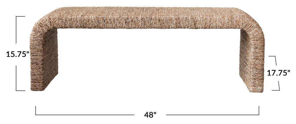 Woven Water Hyacinth and Acacia Wood Bench With Waterfall Edge, Natural