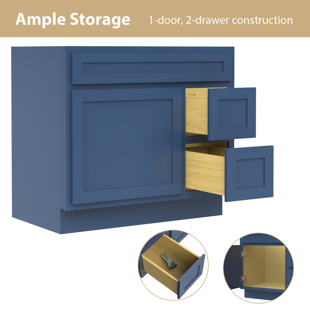 Vanity Art Vanity Base Cabinet, No Top, Drawers on Right, 36", Blue