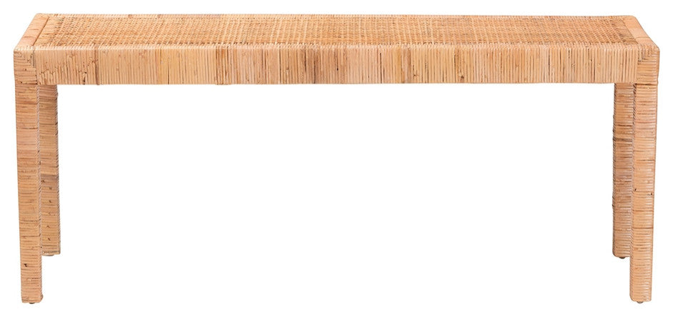 Modern Bohemian Natural Rattan and Mahogany Wood Long Accent Bench